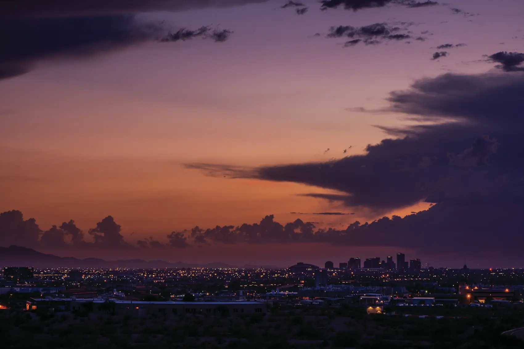 The West Valley skyline at sunset, looking across Peoria and metro Phoenix, Arizona